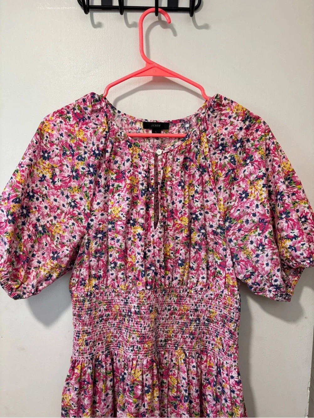 J. Crew Pink Floral Fields Puff Sleeve Smocked Waist Midi Dress MSRP $248 Size L